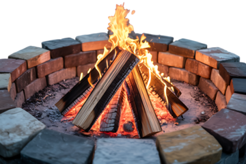 Campfire with wood logs and stone ring isolated on transparent background