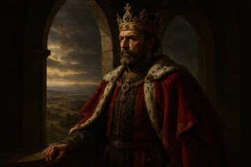 Naklejka premium Majestic medieval king in ornate golden crown gazing pensively from stone castle window