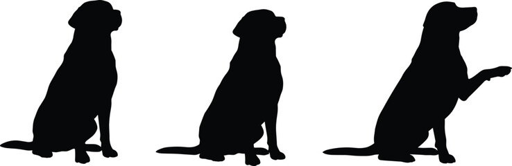 Three dog silhouettes sitting on ground, one raising paw, pet obedience training, animal behavior concept, canine posture, black vector design