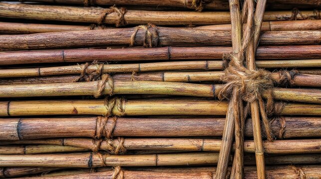 Close-up of bundled, interwoven, light brown sticks