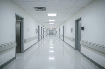 Obraz premium Empty healthcare corridor with bright artificial lighting and white decor, hospital interior photo for medical publications and industry brochures