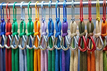 A vibrant collection of colorful lanyards with carabiner clips hangs in a row