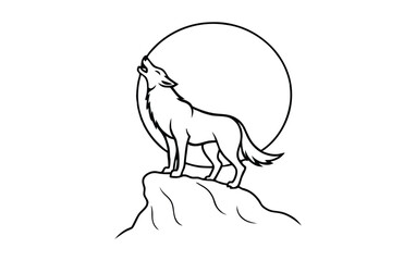 Stylized line art of a wolf howling at a large full moon on a rocky outcrop