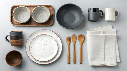top down flat lay with assorted kitchen items