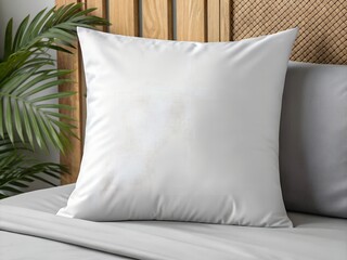 White Square Pillow with Subtle Star Design on Grey Bed