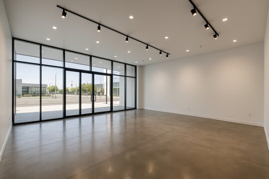 Modern empty retail storefront with floor-to-ceiling windows and sleek interior design