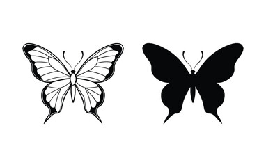 Two butterflies one detailed outline and one solid silhouette