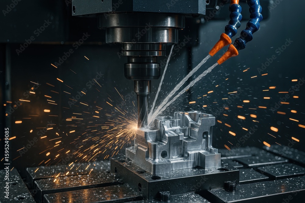 Aufkleber precision cnc machining center creating intricate metal components with sparks flying