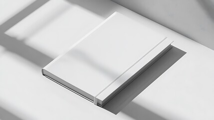 Minimalist plain white hardbound book lies on white surface under a soft window shadow