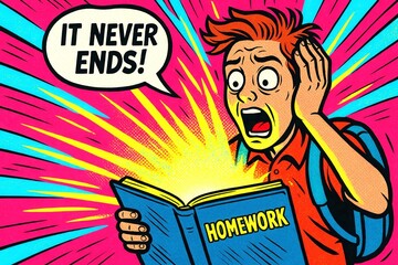 Pop Art Student Shocked by Endless Homework – Retro Comic Illustration