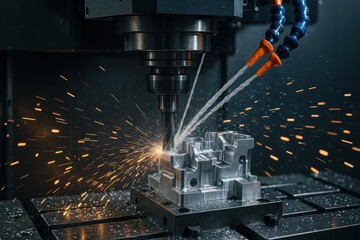 Precision CNC machining center creating intricate metal components with sparks flying