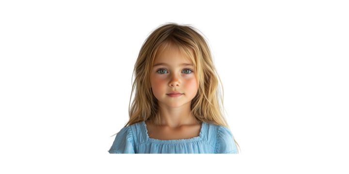 Young Girl In Blue Dress. Portrait Of Innocence And Childhood Charm Isolated On Transparent Background - Powered by Adobe