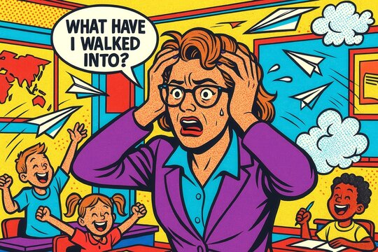 Stressed Teacher Entering Chaotic Classroom – Pop Art School Scene