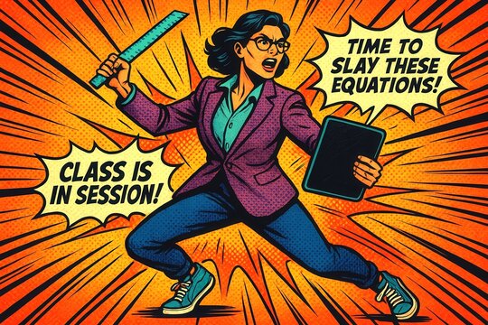 Comic Teacher Slaying Math Equations with Tablet and Ruler &ndash; Pop Art Style