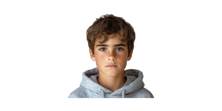 Young Boy In Gray Hoodie. Youthful Expression And Casual Fashion Isolated On Transparent Background