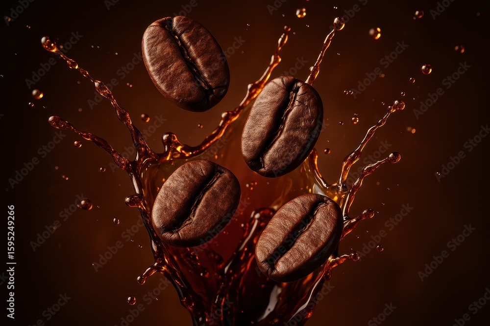 Poster premium roasted coffee beans creating dynamic splash effect in steaming espresso cup