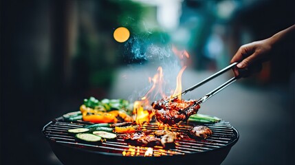 Hands using tongs to turn heart-shaped grilled chicken on a modern barbecue with vegetables in a shaded backyard during a summer gathering