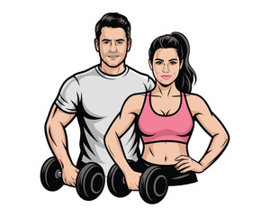 Fototapeta premium Vector Fitness Logo with Strong Male and Female Figures Holding Weights