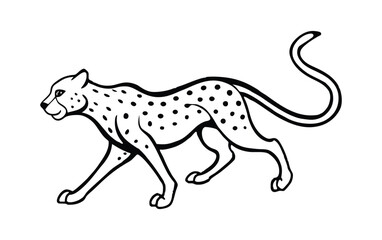 Stylized black and white illustration of a walking cheetah with spots