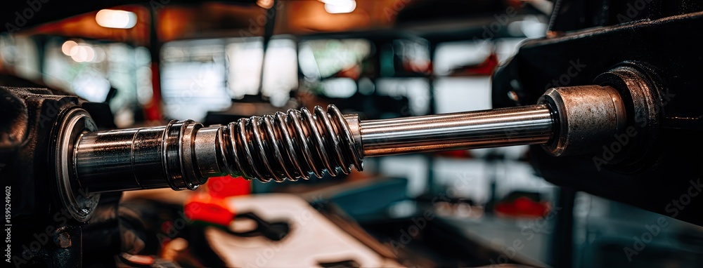 Poster close-up view of interconnected gears and cogs in an original car gearbox at an automotive repair se