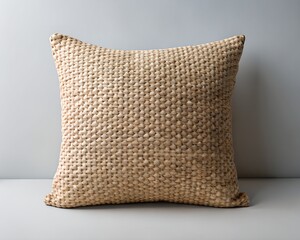 Beige Textured Woven Pillow on White Background