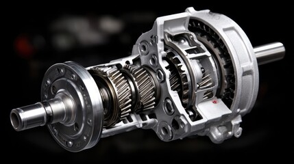 Close-up view of interconnected gears and cogs in an original car gearbox at an automotive repair service workspace
