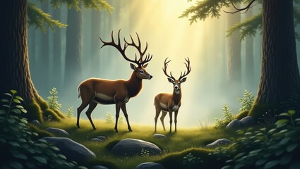 Deer in the morning in the forest
