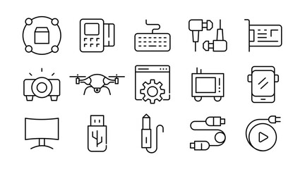 Electronic devices linear icon set. Smart devices, electronics, gadgets, technology, computer, tech, smartphone, tablet, TV, camera, speaker, laptop, vector icon set. UI thin line icon pack.