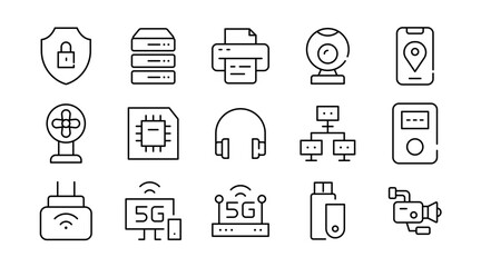 Electronic devices linear icon set. Smart devices, electronics, gadgets, technology, computer, tech, smartphone, tablet, TV, camera, speaker, laptop, vector icon set. UI thin line icon pack.
