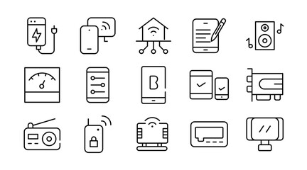 Electronic devices linear icon set. Smart devices, electronics, gadgets, technology, computer, tech, smartphone, tablet, TV, camera, speaker, laptop, vector icon set. UI thin line icon pack.