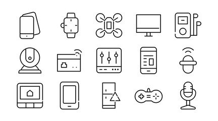 Electronic devices linear icon set. Smart devices, electronics, gadgets, technology, computer, tech, smartphone, tablet, TV, camera, speaker, laptop, vector icon set. UI thin line icon pack.