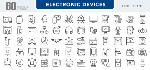 Electronic devices linear icon set. Smart devices, electronics, gadgets, technology, computer, tech, smartphone, tablet, TV, camera, speaker, laptop, vector icon set. UI thin line icon pack.