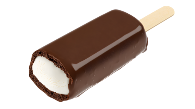 Decadent Chocolate Covered Ice Cream Bar With Wooden Stick On White Background