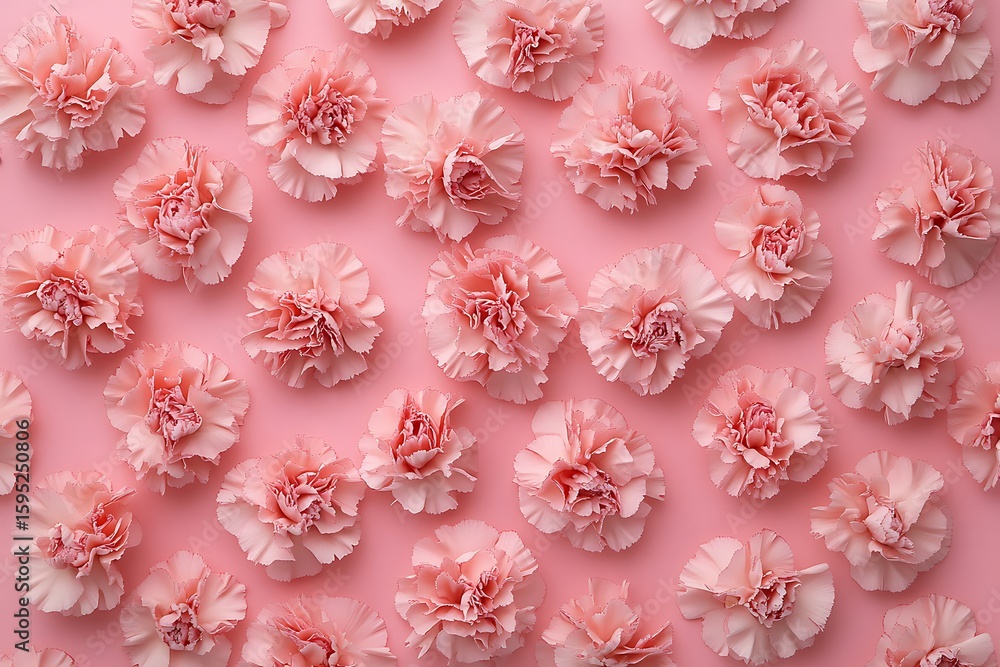 Poster numerous pastel pink carnation blooms are elegantly arranged on a soft pink background creating a se
