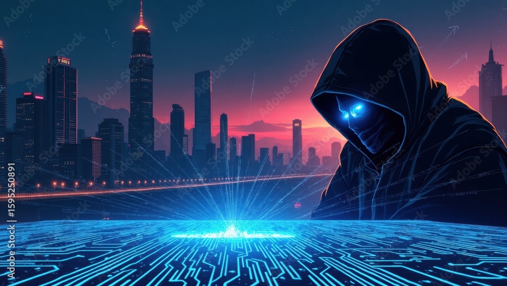 Poster illustration of a hacker overseeing data technology