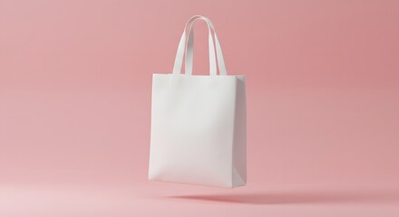 A white tote bag with handles floats against a soft pink background.