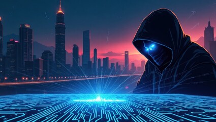 Illustration of a hacker overseeing data technology