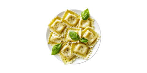 Plate Of Cheese Ravioli With Basil And Black Pepper. Italian Cuisine And Gourmet Dining Concept Isolated On Transparent Background