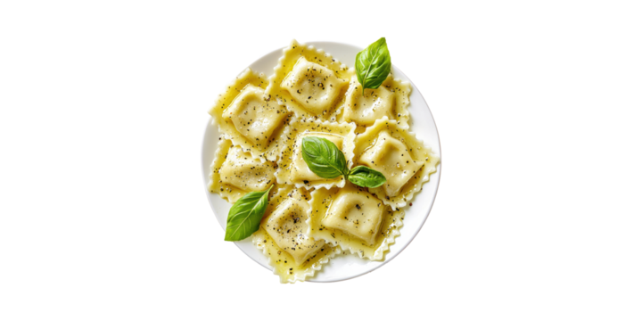 Plate Of Cheese Ravioli With Basil And Black Pepper. Italian Cuisine And Gourmet Dining Concept Isolated On Transparent Background