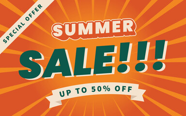 Summer sale banner flyer poster design. orange color retro style template vector