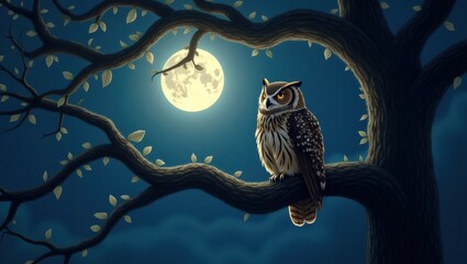 Illustration of a wise owl on a branch against a moonlit background