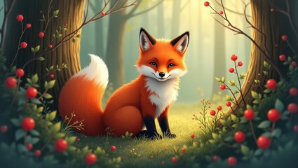 Illustration of a curious fox in a forest nook