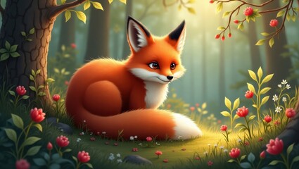 Illustration of a curious fox in a forest nook