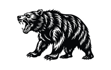 Fierce grizzly bear roaring with mouth open in black and white