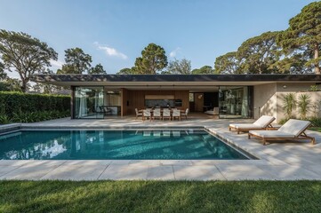 Fototapeta premium Contemporary architecture featuring modern white house with pool and patio area, ideal for property listings and upscale living visuals
