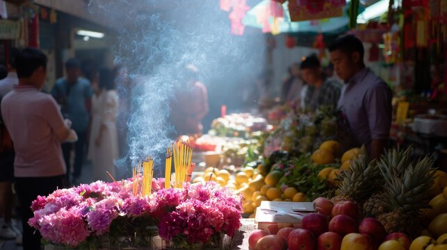 Colorful flower and fruit market with incense smoke in vibrant setting during midday - Powered by Adobe