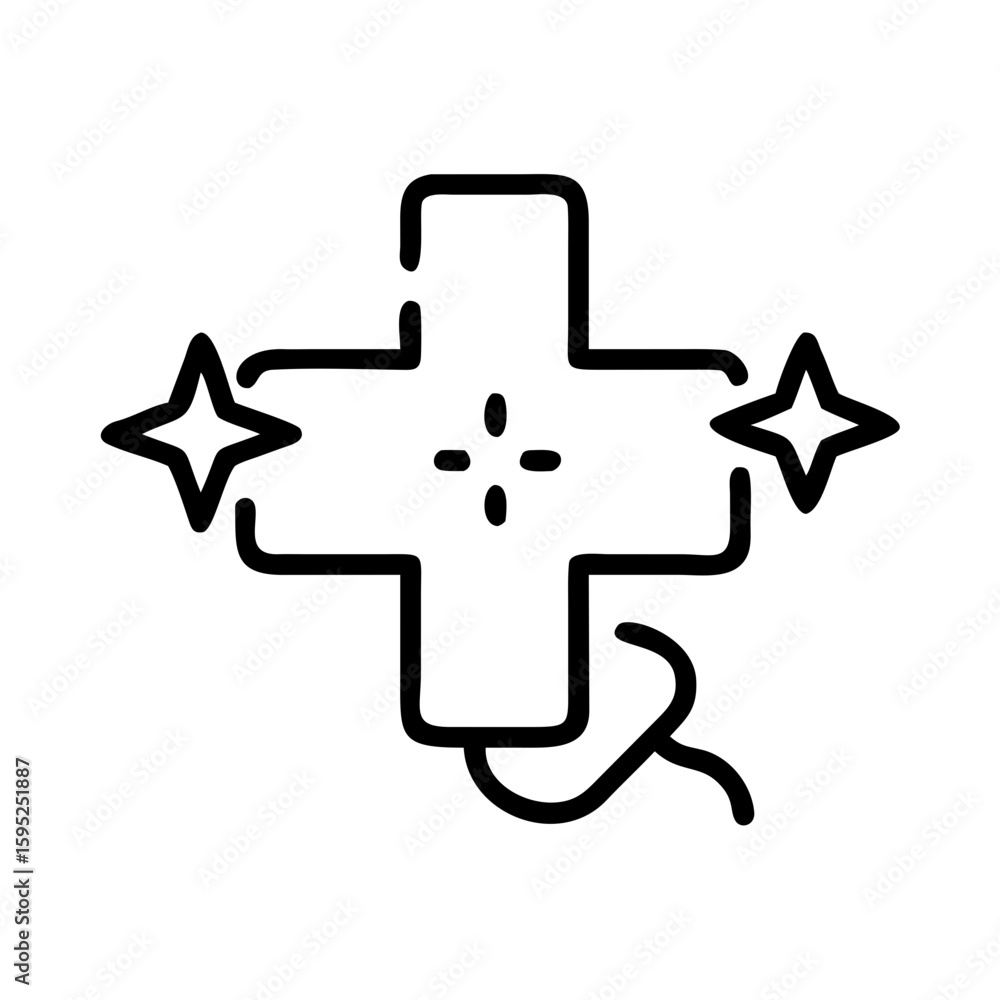 Poster outline of a plus sign with four dots in the center adorned with stars and a trailing line design el