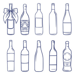 Wine Bottle Vector Collection - Hand Drawn Line Style Illustration of Wine Bottles