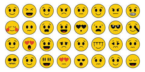 Collection of Thirty Six Yellow Emojis Displaying Diverse Facial Expressions Including Happy Sad Angry Surprised and Loving Emotions