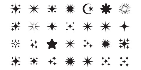 Black Sparkle Star Twinkle Icon Set Collection Various Shapes and Sizes Simple Geometric Designs for Web and App Design